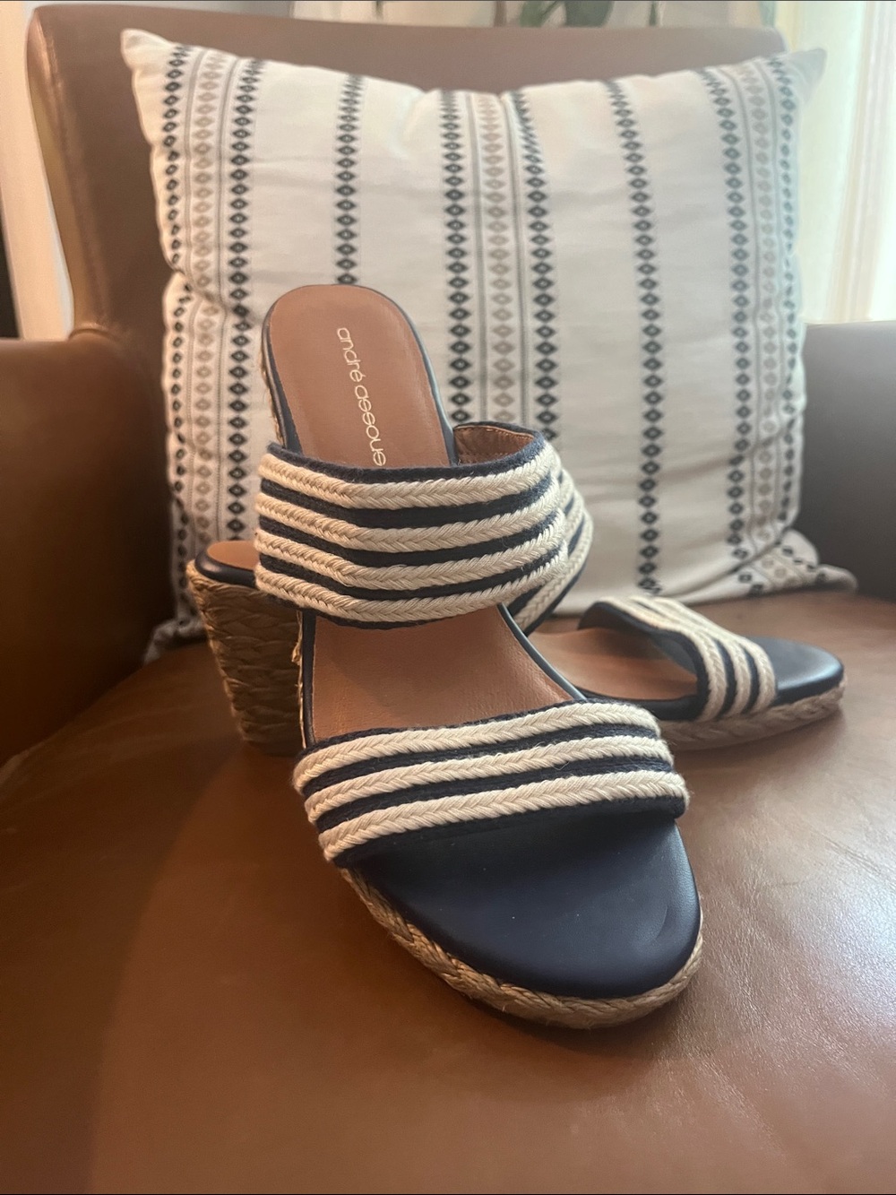 Andre Assous Navy and Cream Espadrille Wedge Slides